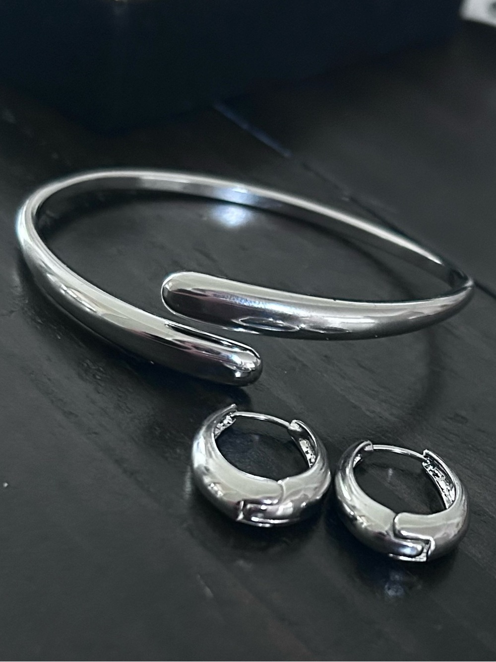 Polished Silver Open Cuff Bracelet and Hoop Earrings Set